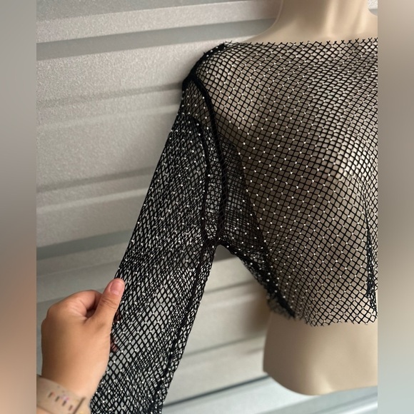 Mesh Black Sequin Long Sleeve Festival Top One Size - Picture 7 of 11